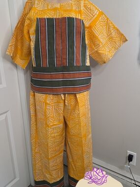 Yellow Printed Two-Piece Set with Striped Obi Waistband